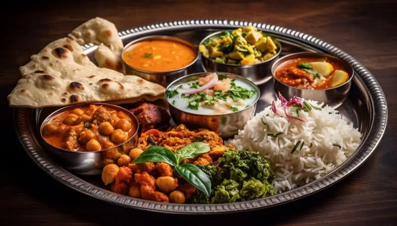 Sattvic vegetarian plate with dal, seasonal vegetables, rice and salad