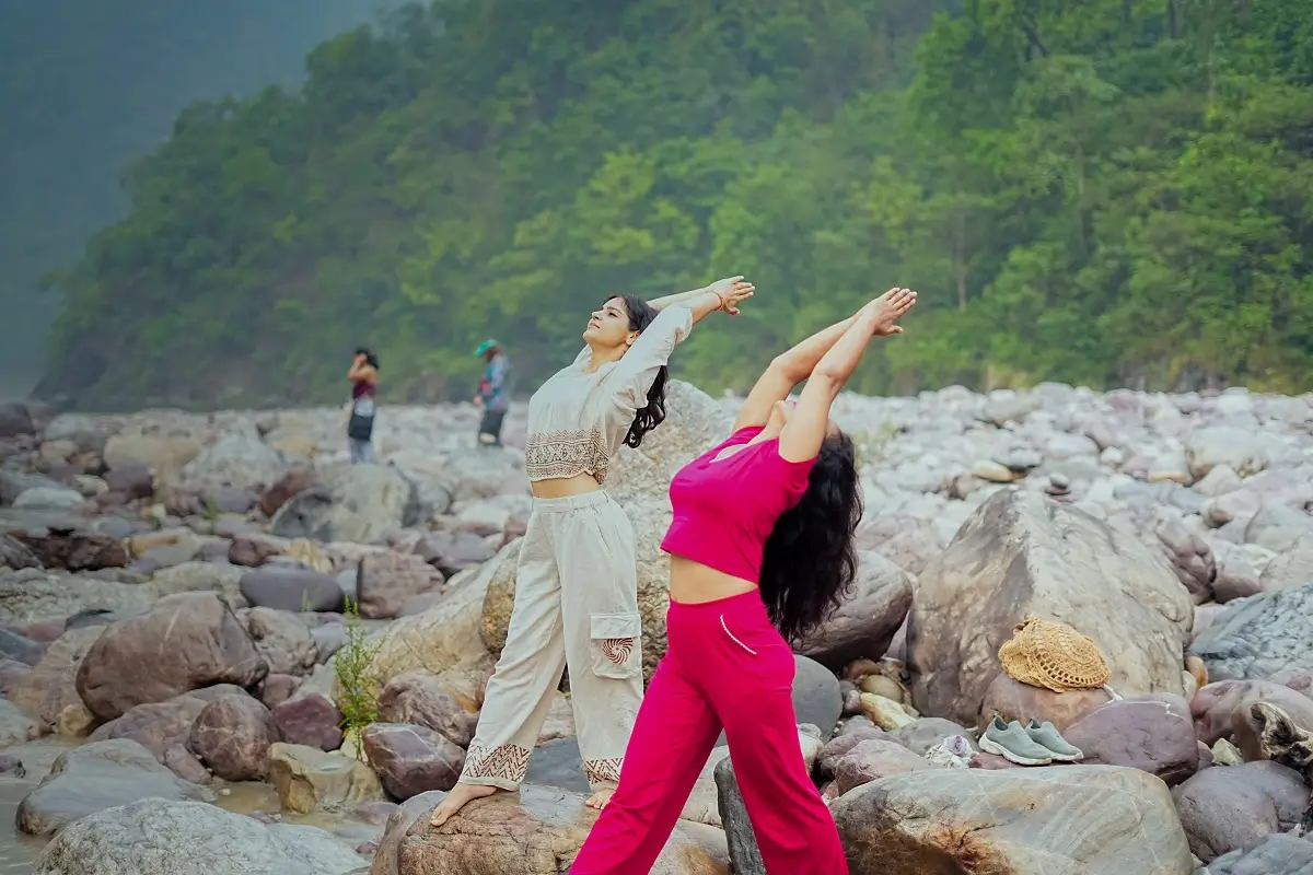 Yoga students practising at the World Peace Charity school in Rishikesh, India